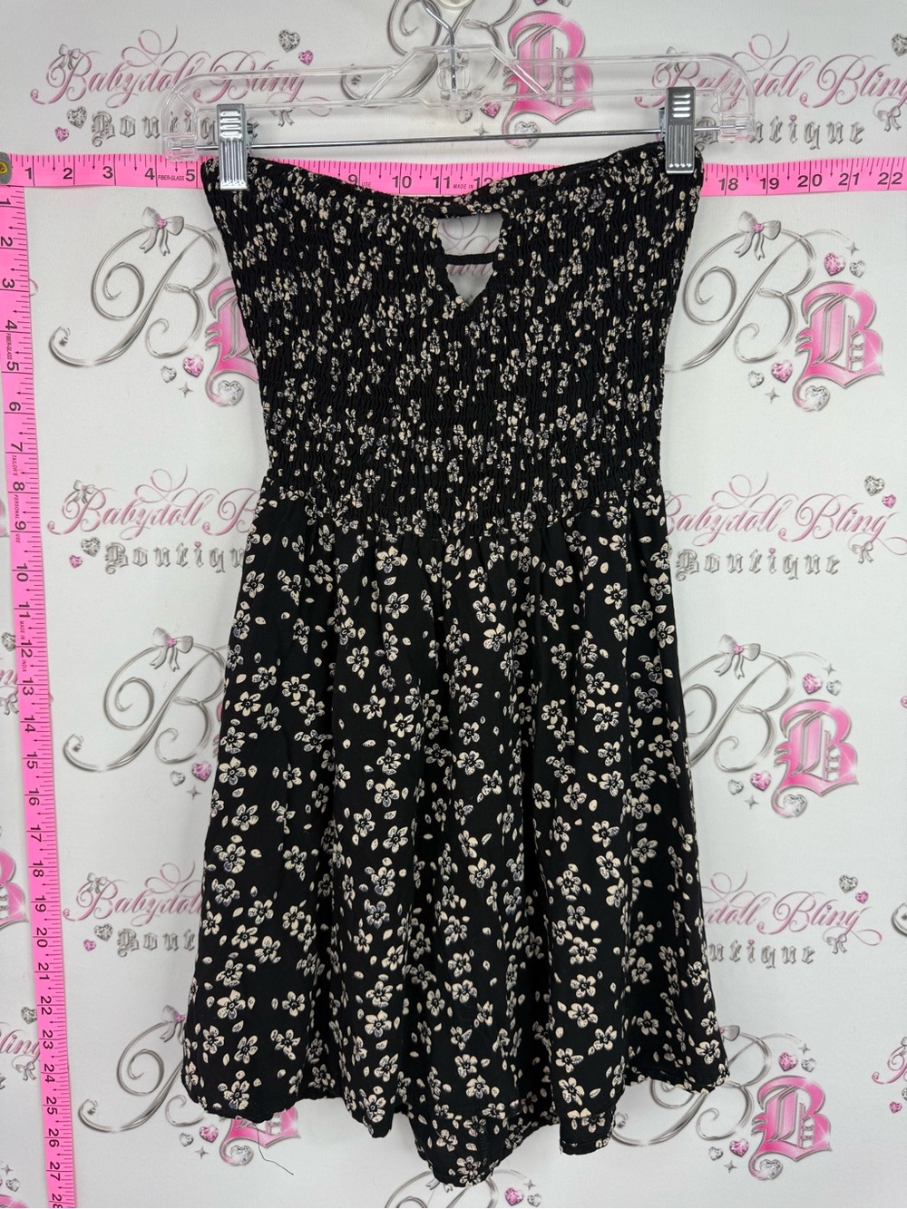 Girl cave dress Strapless Black Floral Mini Dress with Smocked Bodice